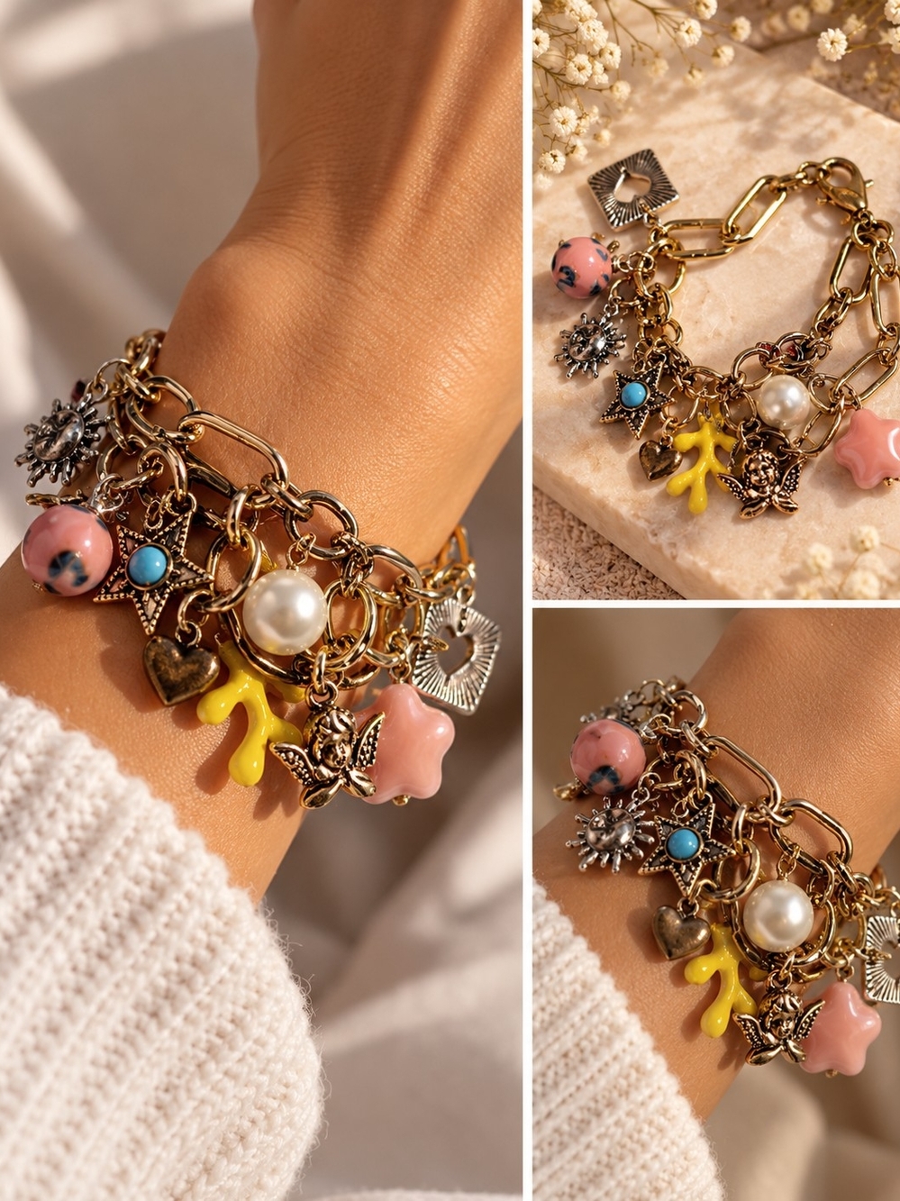 Gold-Tone Multi Charm Bracelet with Pink, Yellow & Pearl Accents